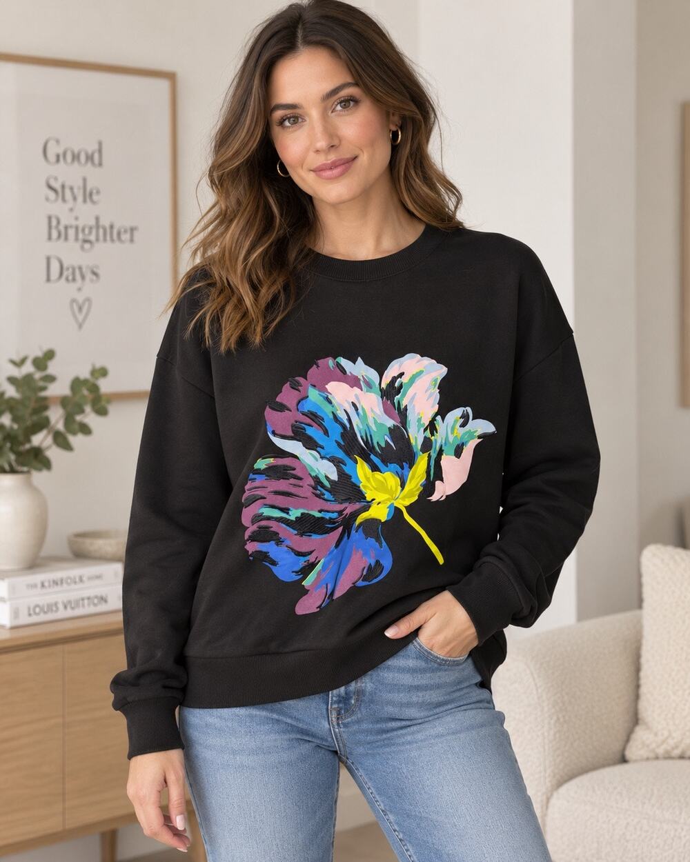Ted Baker Floral Sweatshirt Size 14/16 Black Raised Textured Graphic Crewneck